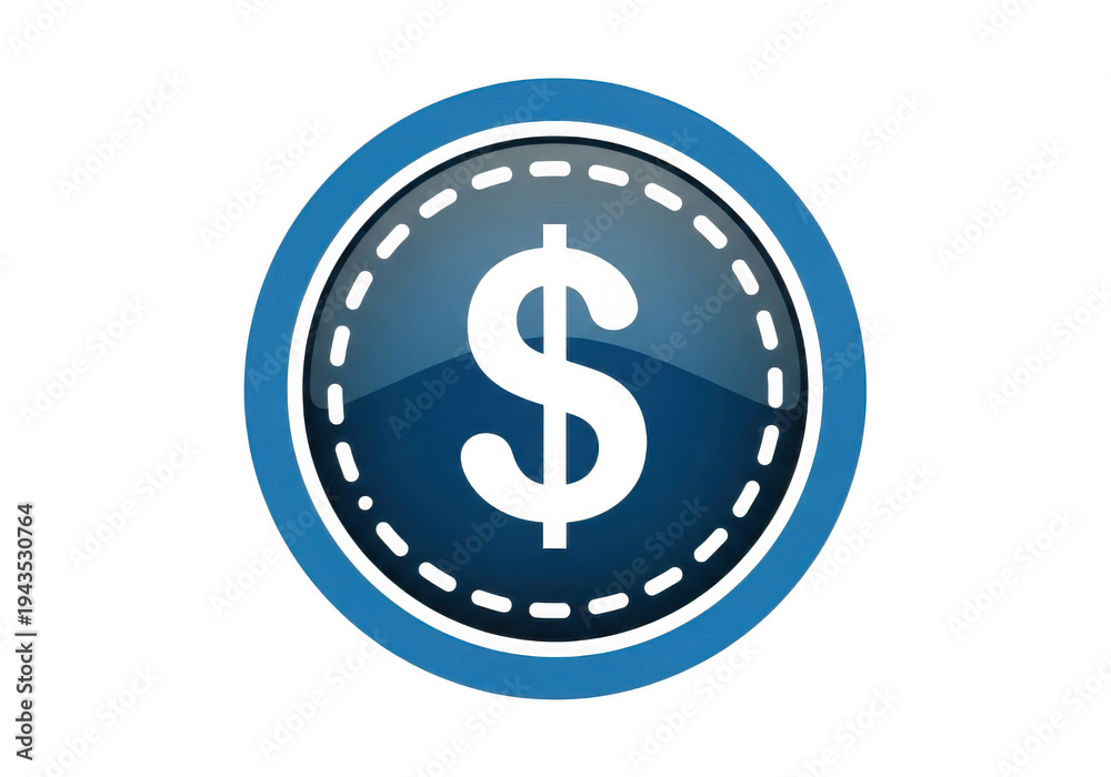 Fototapeta premium A blue dollar sign icon with a white border and dashed lines on a gradient background isolated on transparent background