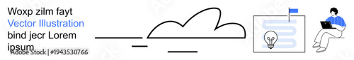 Innovation, creativity, remote work, brainstorming, goal achievement, modern work culture. Minimalist artwork with a person using a laptop, lightbulb symbol and paths creativity. Innovation