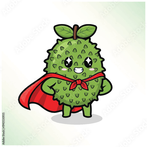 A cartoon kiwi fruit character wearing a red cape and standing on a white background. Perfect for kids' content, educational materials, and advertisements.