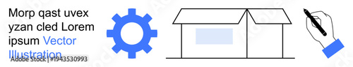 Process management, packaging, design workflows, logistics, creativity, innovation. A gear, an open box and a hand holding a pen. Process management and packaging concepts