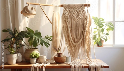 A sunlit, interior scene showcasing macrame wall hangings alongside potted plants on a wooden table. Sunlight streams through a window