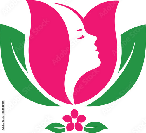 Elegant woman face inside lotus flower with leaves symbol representing beauty, spa, wellness and natural skincare concept. Perfect for beauty salon, cosmetic brand, yoga studio