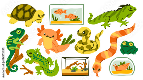 Set of exotic pets. Stickers with adorable cold blooded animals, turtle, snake, fish in aquarium, snail, gecko, lizard and chameleon. Flat vector illustration collection isolated on background