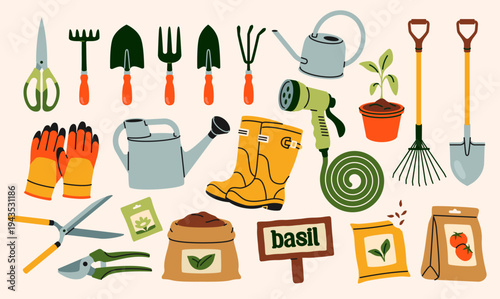 Big set of garden tools. Hand drawn stickers with watering can, gloves, shovel, rake, soil, and plant fertilizer. Equipment for farming and agriculture. Flat vector illustration isolated on background