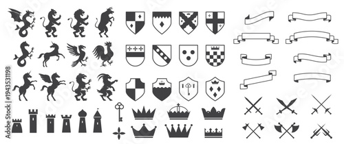 Heraldic Crest set. Luxury Black and White logos and emblems with animal silhouettes, shields, swords, crowns and retro ribbons. Flat vector illustration collection isolated on background