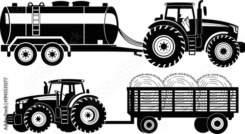 Agricultural tractor towing water tanker and hay bale trailer silhouette set, farm transport machinery collection isolated for agriculture logistics and rural farming equipment design