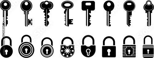 Black key and padlock icon collection, security symbol vector set for access control, privacy protection, locksmith tools, digital safety concept isolated on background