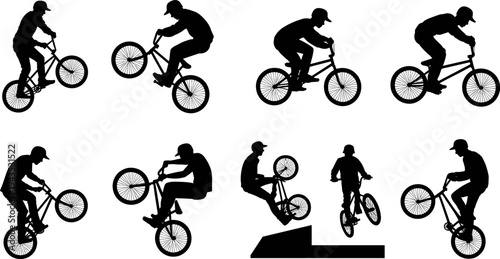 BMX rider silhouettes performing freestyle bicycle tricks and jumps extreme cycling sport action vector illustration collection isolated on white background