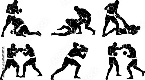 Boxing fighters silhouette set professional boxers sparring punching clinching knockout combat sport training competition athletic action vector illustration isolated collection
