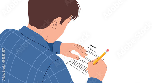A person wearing a blue plaid shirt is diligently writing on a white paper document with a yellow pencil, seen from behind.