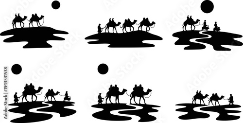 Camel caravan silhouettes traveling across desert dunes under sun and moon illustrating nomadic journey, trade route travel and traditional desert life