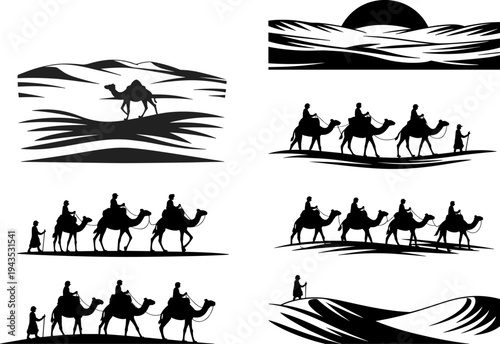 Camel caravan crossing desert dunes silhouette set with travelers and camels in Arabian landscape, nomadic journey and desert adventure concept isolated illustration