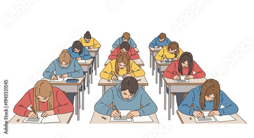 A group of diligent students are actively writing on papers while seated at individual wooden desks in a bright, uncluttered classroom environment.