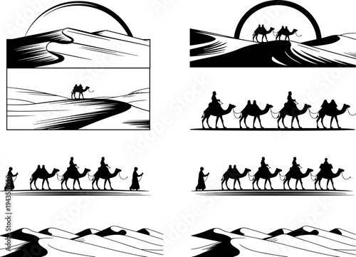Camel caravan traveling across desert dunes silhouette collection with nomads and riders, Arabian landscape sunset scene, traditional desert journey concept isolated illustration