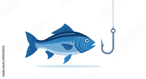 A blue fish with detailed scales and fins swims horizontally towards a large, silver fishing hook dangling from above against a plain white background.