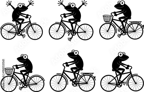 Cartoon frog riding bicycle silhouette set with funny amphibian cyclist characters on city bikes, playful animal transport concept isolated illustration collection