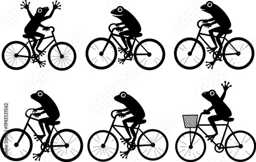 Cartoon frog riding bicycle silhouette set with funny amphibian characters cycling on city bikes, playful animal transport concept isolated vector illustration collection