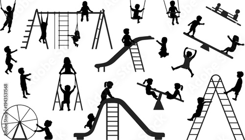 Children playing on playground silhouettes kids on swings slide seesaw climbing ladder park activity vector illustration collection isolated