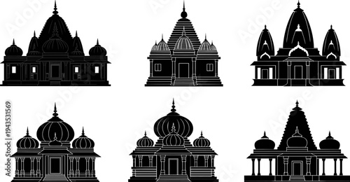 Cartoon Hindu temple silhouette collection with traditional Indian mandir architecture, domes and towers, cultural religious buildings set isolated for heritage, travel and spirituality design