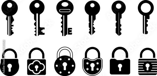 Collection of key and padlock security icons, black silhouette vector set representing privacy protection, access control, locksmith tools, digital security symbols isolated on background