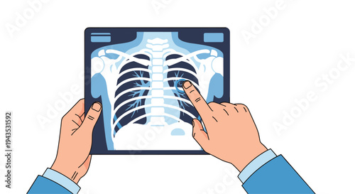 Two human hands, wearing blue sleeves, hold and point at a detailed X-ray image of a human chest, including ribs and lungs, against a clean white background.