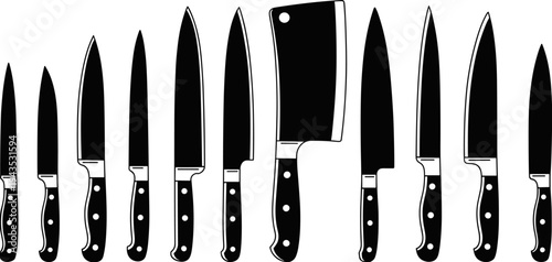 Collection of kitchen knives silhouettes including chef knife, cleaver, carving knife and utility knives arranged in row isolated on light background cooking tools set