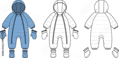 Baby Winter Puffer Snowsuit Flat Fashion Sketch, Technical Illustration Template with Mittens