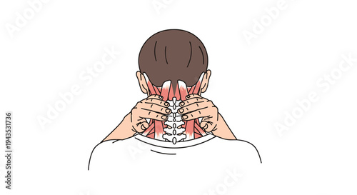 A person with brown hair is seen from behind, massaging their own neck with both hands, revealing detailed neck muscles and spine against a white background.