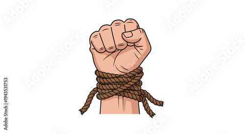 A light-skinned clenched fist has a dark brown rope tightly wrapped multiple times around its wrist, presented against a clean, isolated white background.