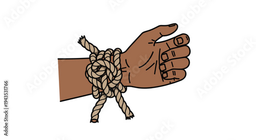 A dark-skinned arm has a thick, beige rope intricately tied and knotted around its wrist, positioned against a clean, uncluttered white background.