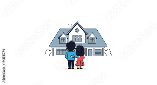 A loving couple stands embraced with their backs to the viewer, looking at a large, two-story modern house with a blue roof.