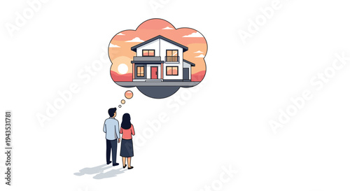 A couple stands with their backs to the viewer, gazing at a thought bubble containing a modern house against a sunset sky.