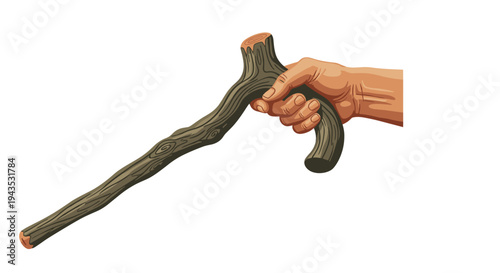 A single hand firmly holds a dark, gnarled wooden walking stick with a naturally curved handle and visible wood grain.