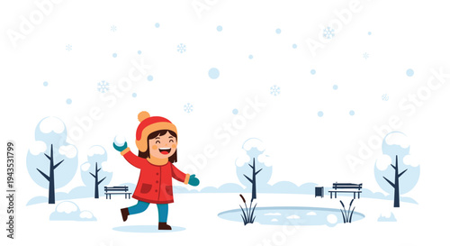 A happy young girl in a red winter coat joyfully throws a snowball in a serene park filled with snow-covered trees and falling flakes.