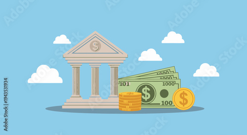 Bank Building with Money and Coins.