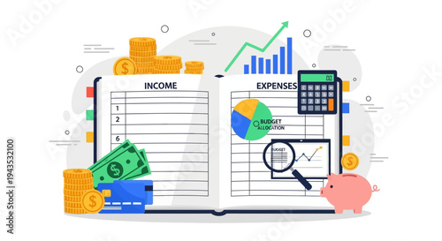 Financial Planning Documents with Calculator and Piggy Bank.