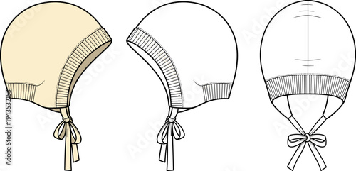 Infant Baby Bonnet Hat Flat Technical Sketch and Newborn Beanie Fashion Vector Template