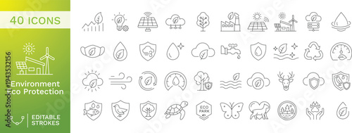 Environmental Sustainability Line Icons Set – Climate Change, Renewable Energy, Nature Conservation and Eco Protection Outline Vector Collection
