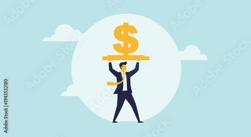 Man holding large dollar sign overhead.