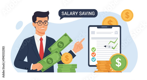 Man Holding Money and Pointing to Phone.