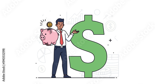 Man holding piggy bank and dollar sign.