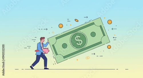 Man Walking with Large Dollar Bill.