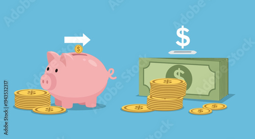Piggy Bank and Dollar Bill Illustration.