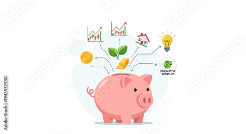 Pink Piggy Bank Saving Money Illustration.