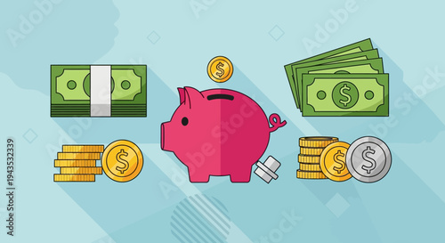 Pink Piggy Bank with Coins and Cash.