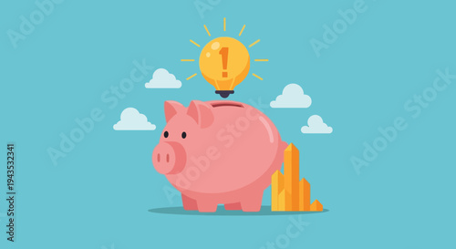 Pink Piggy Bank with Light Bulb Idea.