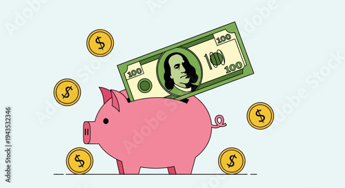 Pink Piggy Bank with Money Falling.