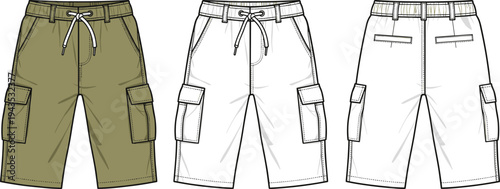 Men Cargo Shorts Flat Technical Sketch, Drawstring Bermuda Shorts Illustration Isolated
