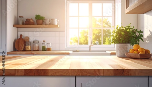 A sunlit kitchen scene with a wooden countertop in focus, a window overlooking greenery, and shelves with decorative items