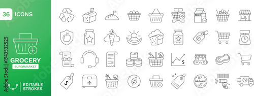 Grocery & Organic Supermarket Editable Stroke Icons Set – Fresh Food, Shopping Cart, Delivery, Eco Products and Retail Store Outline Vector Collection